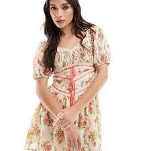ASOS Milkmaid Floral Mini Dress Coquette Cottage Puff Sleeve Ribbon Tie Size 6